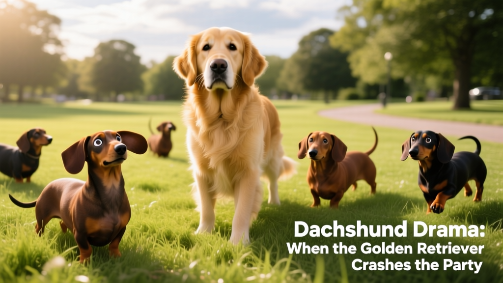 Golden Retriever standing among several Dachshunds in a grassy park setting, all looking in different directions