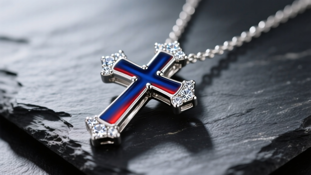 Macro shot of a sterling silver Bradford Exchange cross necklace on dark slate, highlighting enamel work and pavé CZ stones.