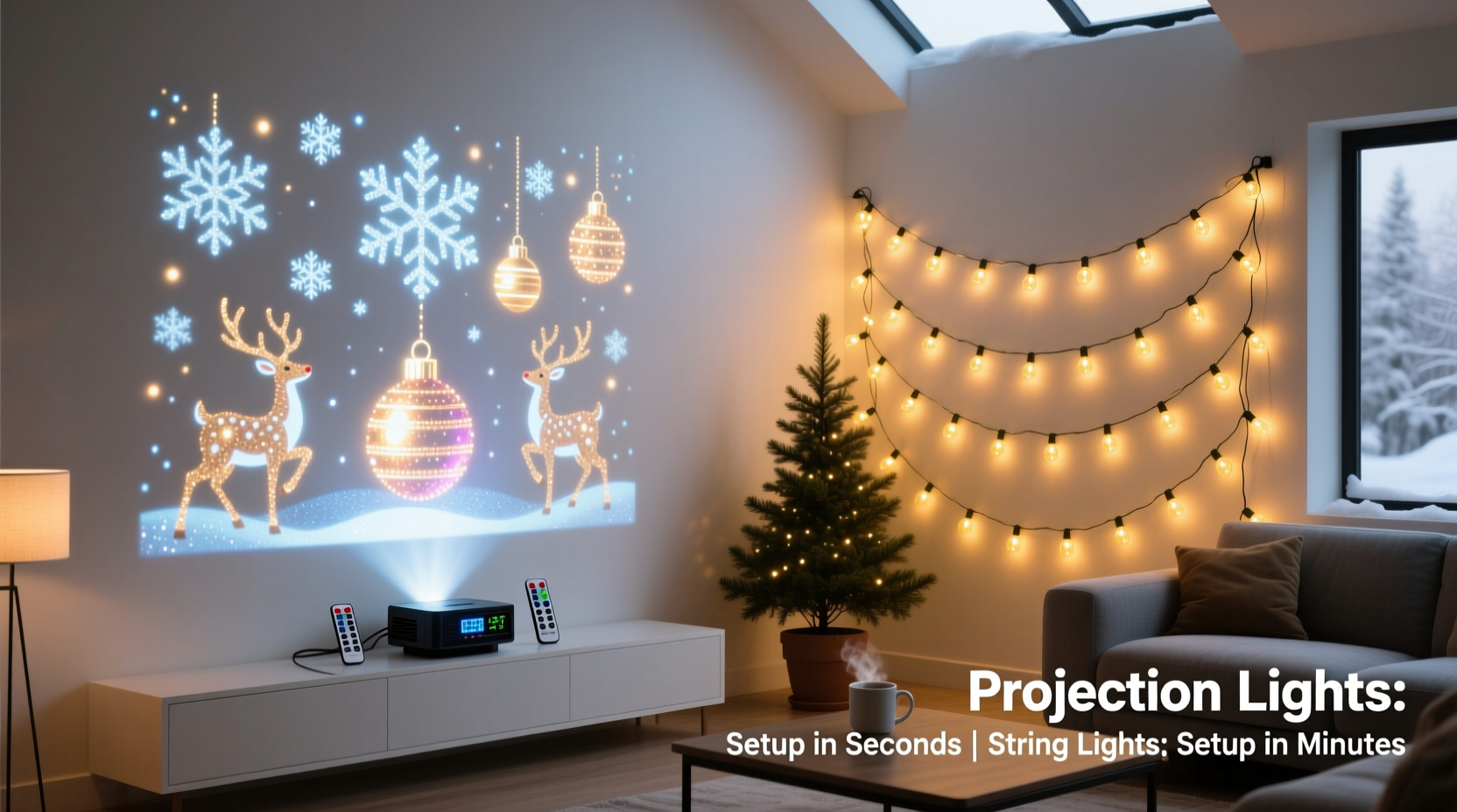 christmas projection lights vs physical strings which saves time on setup