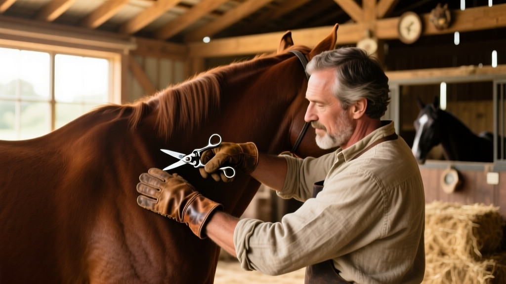 A groom calmly clipping a horse's shoulder with professional equine clippers