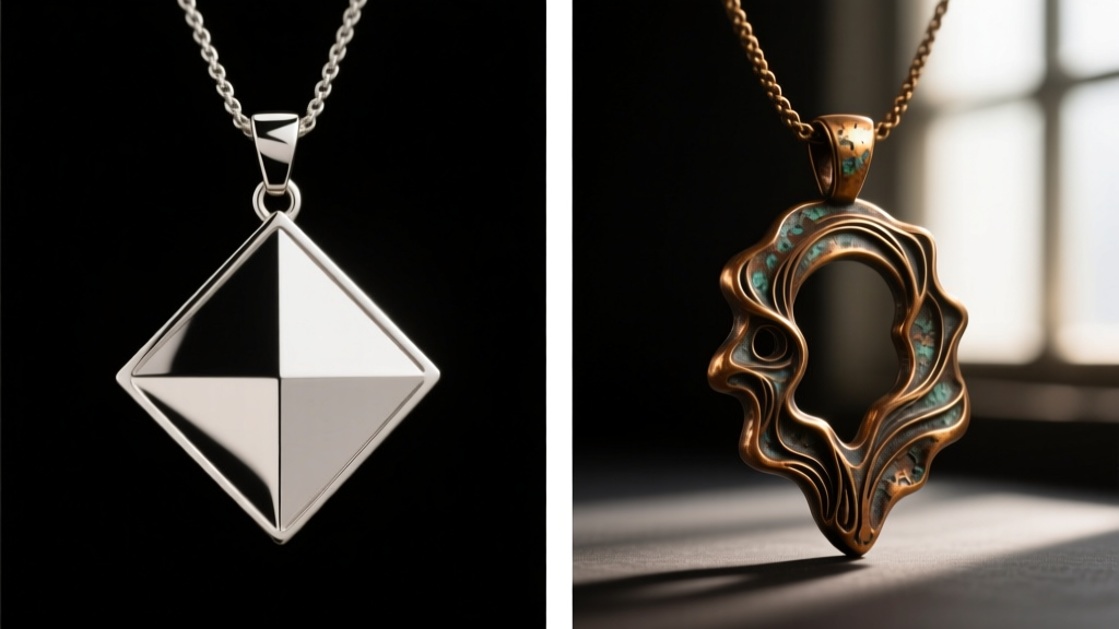 Split view of a flat die-struck zinc pendant next to a textured 3D lost-wax cast bronze fantasy pendant on a dark background