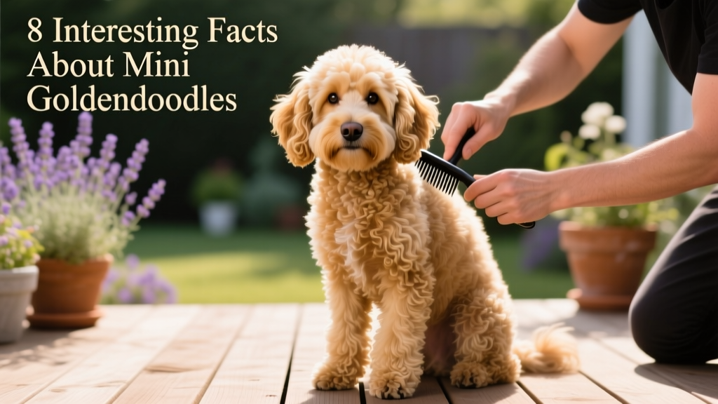 A well-groomed adult Mini Goldendoodle sitting calmly while being brushed, showing its soft, wavy coat