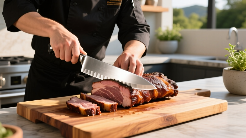Chef preparing brisket on a cedar cutting board in an outdoor patio kitchen using a high-carbon stainless steel chef knife