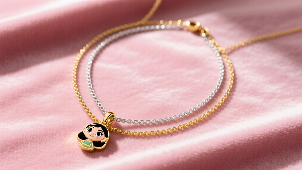 Top-down flat lay of a gold-plated Vanellope charm necklace layered with a delicate silver lariat chain on soft pink velvet fabric backdrop.
