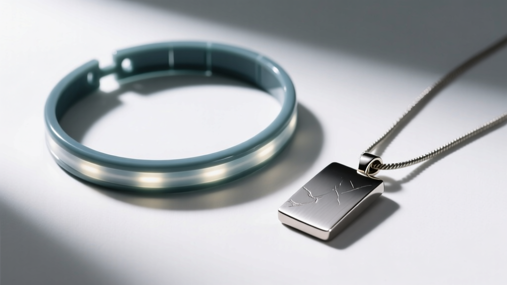 Flat lay of a cheap plastic LED choker beside a titanium fiber optic pendant, highlighting build quality and material differences