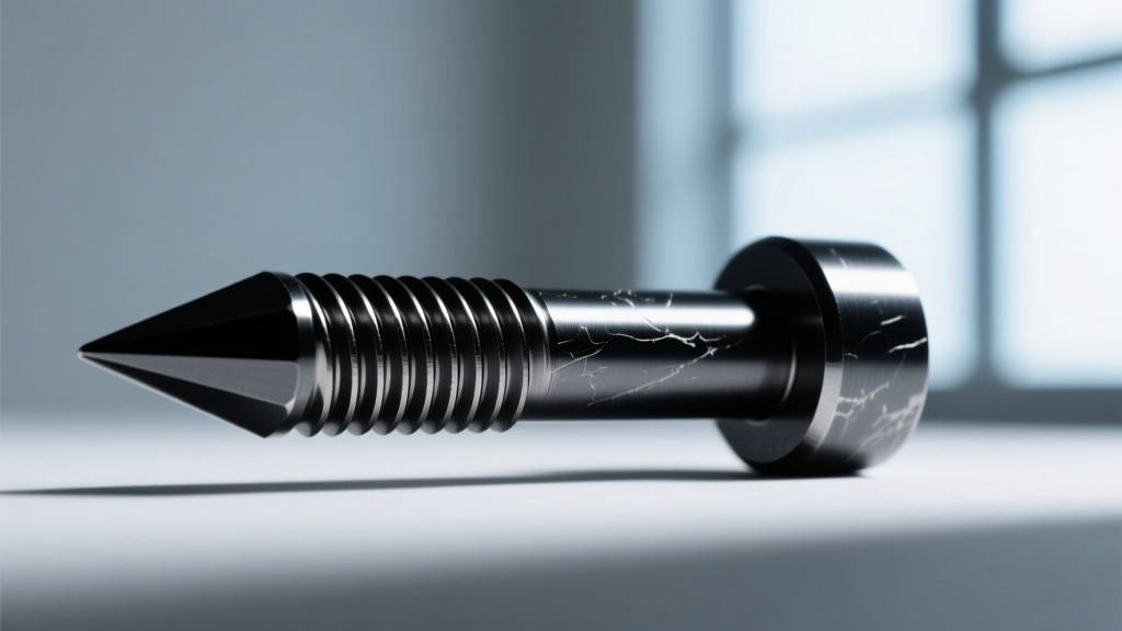 Macro shot of a 14-gauge internally threaded titanium barbell with a black anodized spike, highlighting the precise thread pitch.