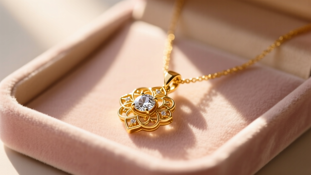 Elegant 14k solid gold pendant necklace resting on a soft blush velvet jewelry tray, illuminated by warm natural morning sunlight.