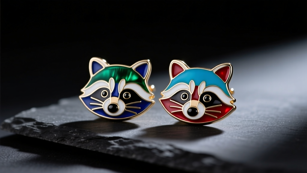 Macro shot of cloisonné enamel raccoon stud earrings on dark slate, illuminated by soft, moody directional studio lighting.