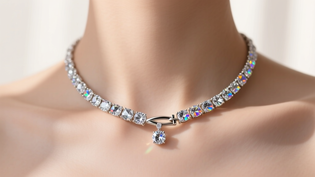 Moissanite riviere necklace with a fold-over clasp resting on a collarbone, captured in soft and diffused warm studio lighting.