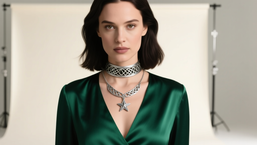 Woman wearing a deep emerald V-neck blouse layered with a 16-inch choker and the 20-inch Arwen Undomiel Evenstar silver necklace
