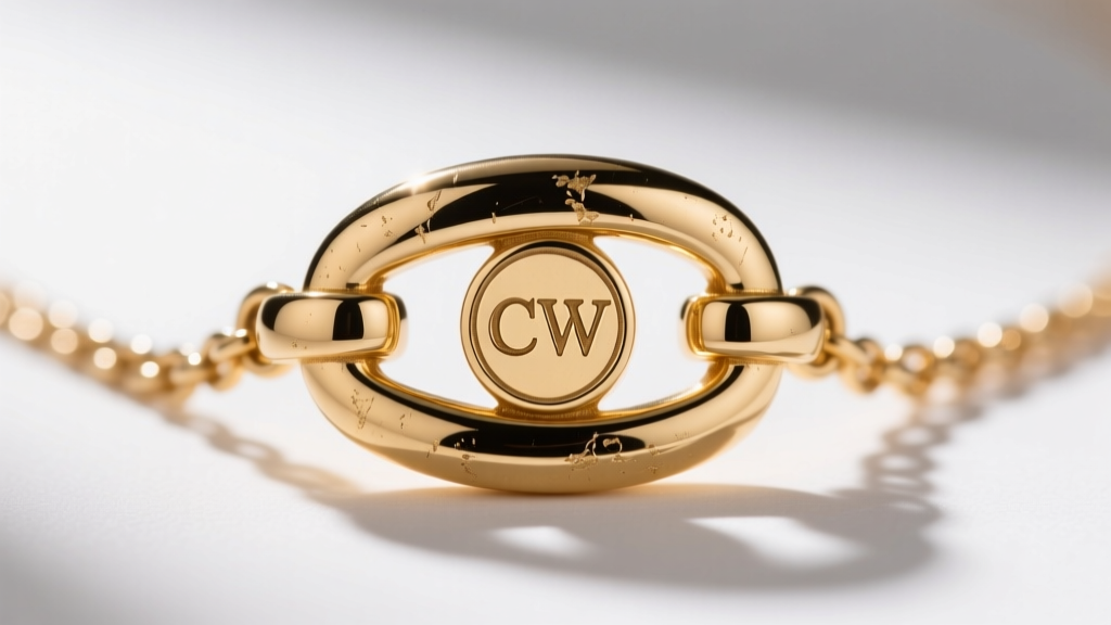 Macro shot of a Coldwater Creek necklace lobster clasp showing the CW hallmark stamp and slight wear on the gold flash plating