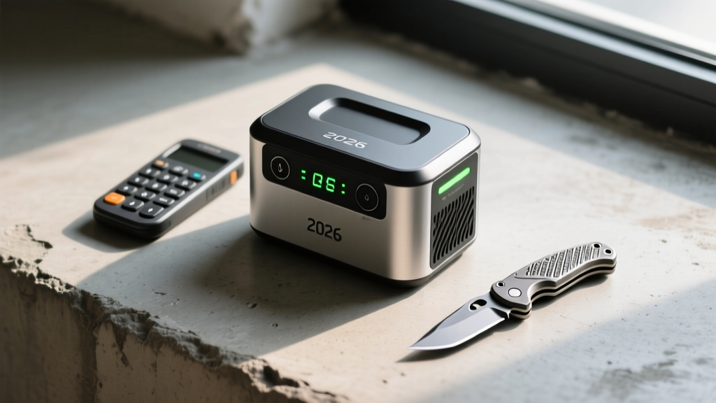 Flat-lay of a 2026 everyday carry kit on concrete, featuring a portable power station, haptic macro keypad, and titanium knife.