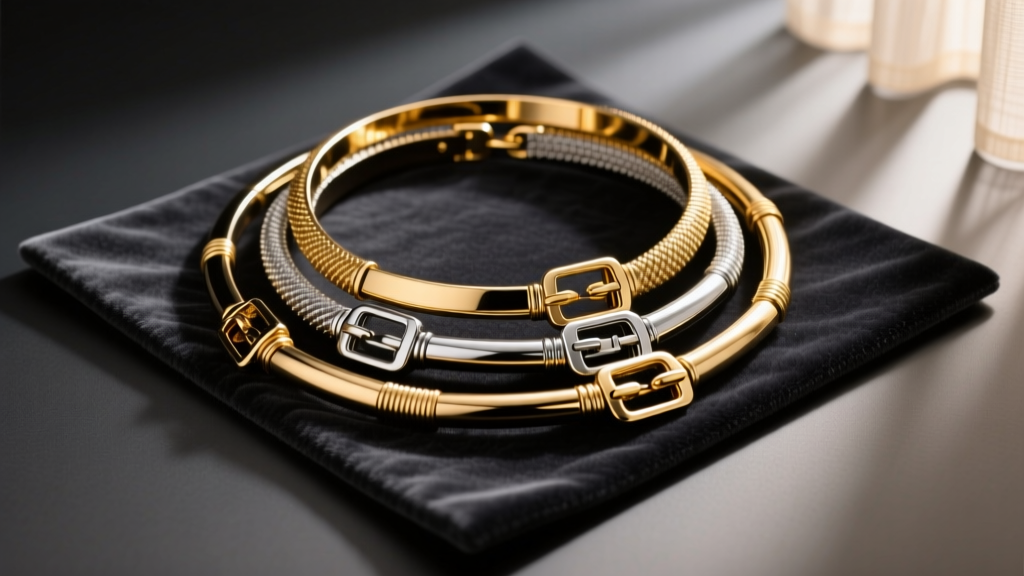 Flat lay of magnetic and bayonet necklace layering clasps on a dark charcoal velvet mat under soft, warm golden lighting accents