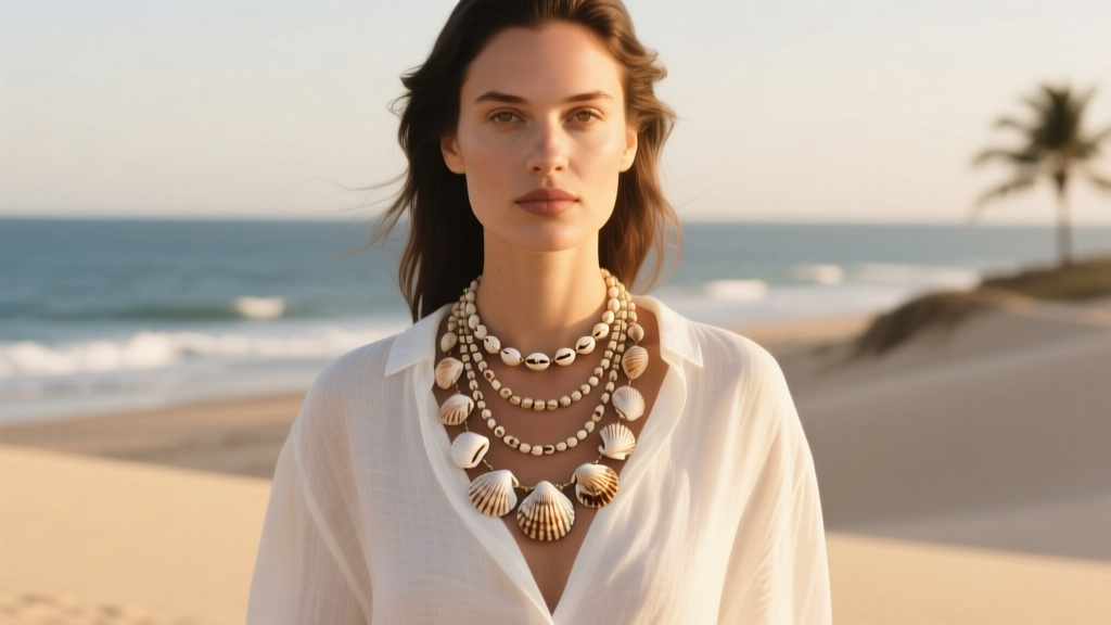 Woman wearing a layered 18-inch authentic puka shell necklace over a white linen shirt in warm golden hour sunlight