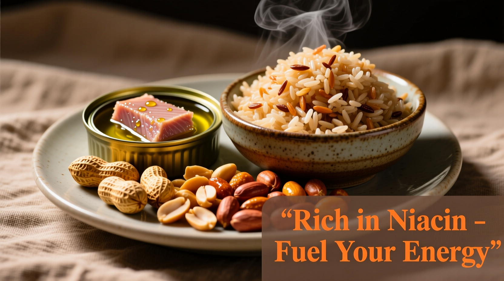 Colorful plate of niacin-rich foods including tuna, peanuts, and brown rice