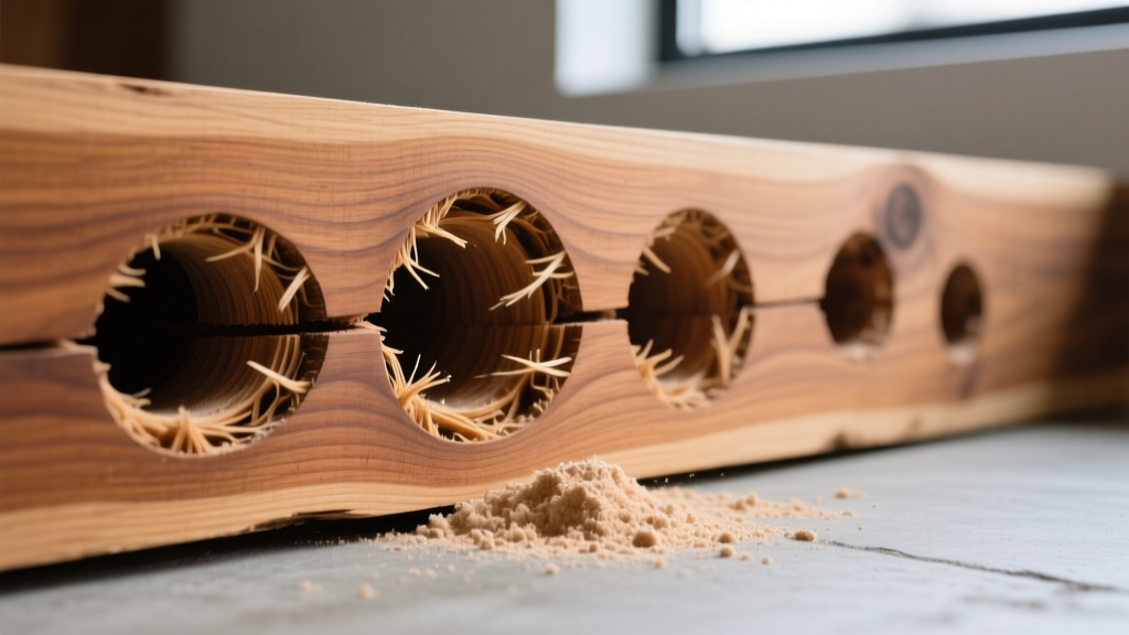 Macro view of powderpost beetle exit holes in structural oak timber with fine frass dust accumulating on the concrete floor below