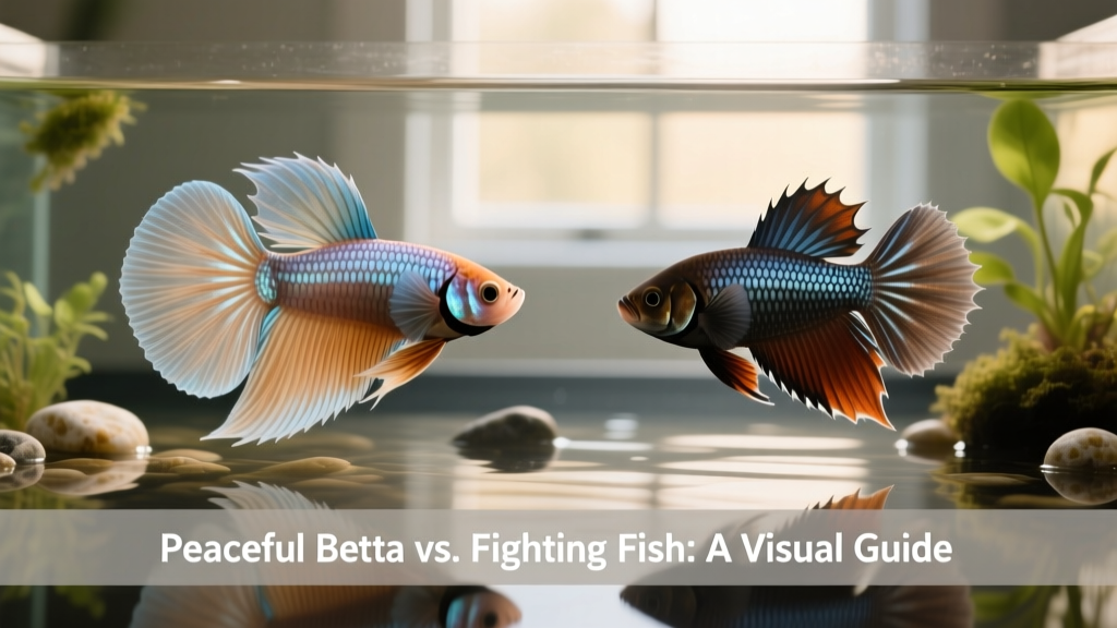 Side-by-side comparison showing a Peaceful Betta (Betta imbellis) next to a standard Siamese fighting fish (Betta splendens), highlighting differences in fin shape and tail edging