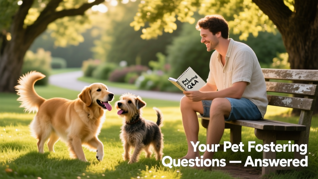 Two friendly dogs playing side-by-side on grass, with a relaxed human nearby watching