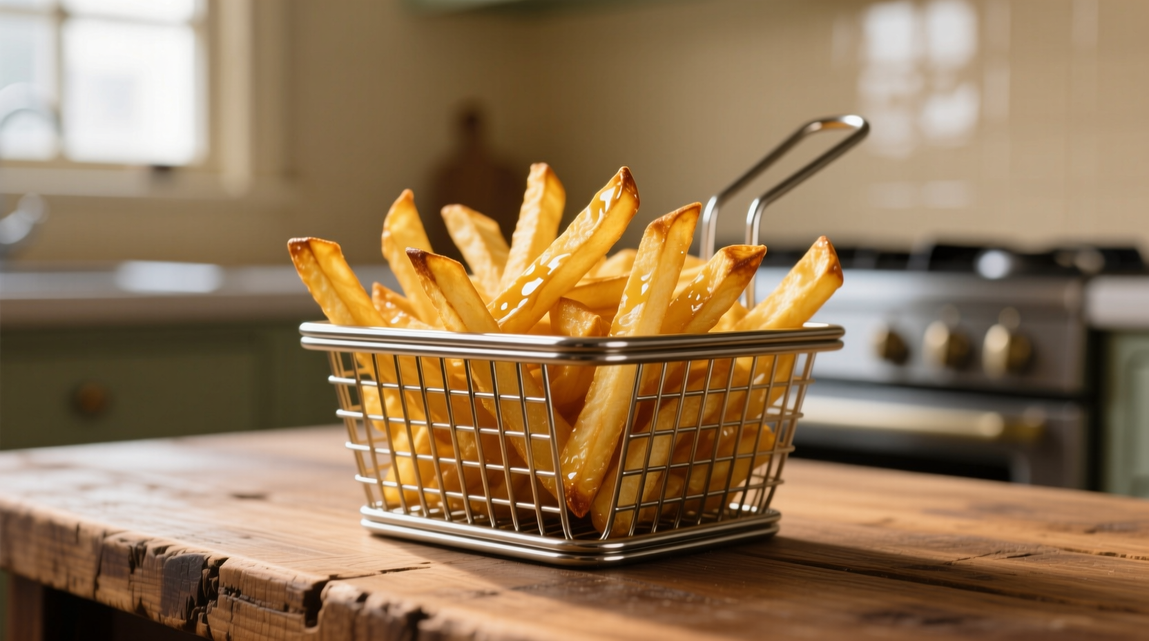 Perfect golden potato fries in metal basket