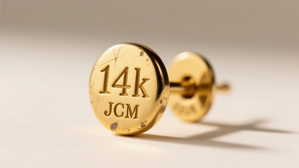 Macro photography of a vintage 14k yellow gold earring post stamped with a crisp 14k hallmark and JCM maker's mark, softly lit.
