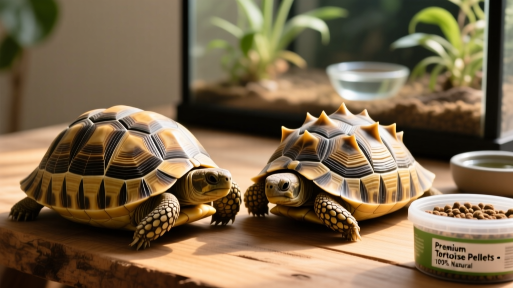 Healthy tortoise with smooth, symmetrical shell next to a tortoise showing early signs of pyramiding for visual comparison