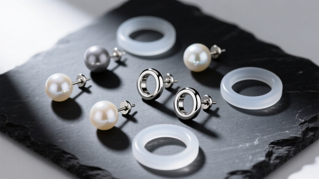 Flat lay of titanium earring posts, baroque pearls, and silicone O-rings on a dark slate surface, soft directional lighting