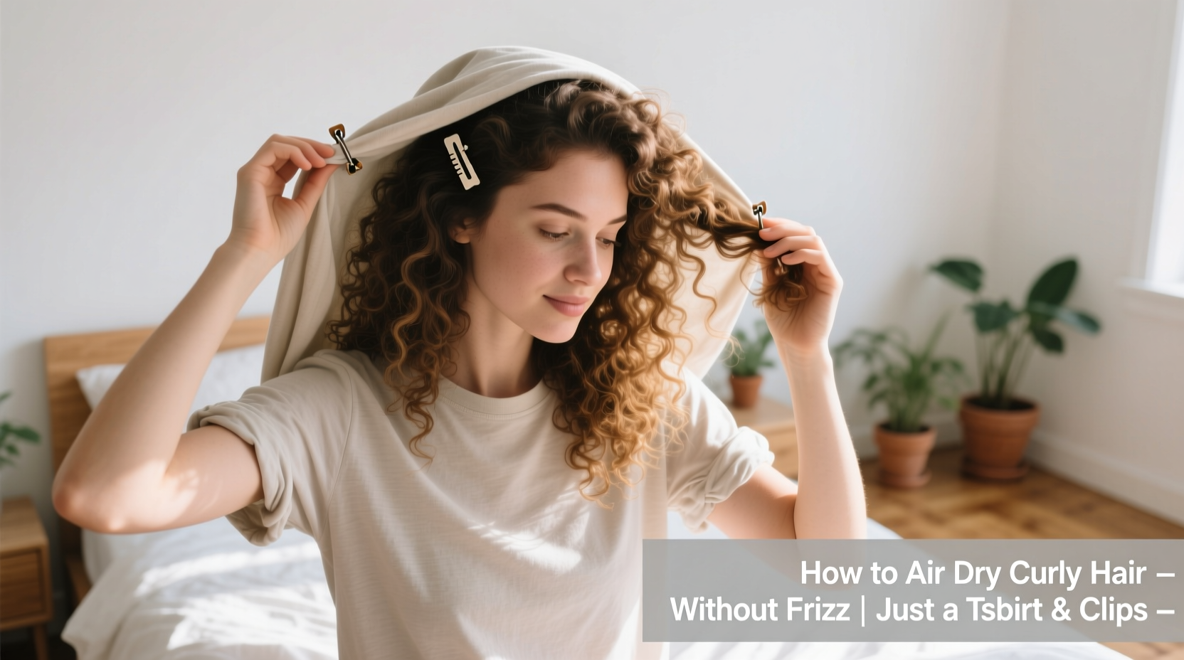 how to air dry curly hair without frizz using just a tshirt and clips