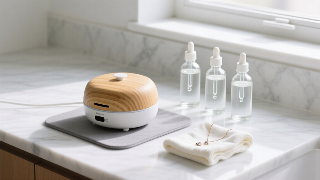 At home cleaning jewelry setup with a bamboo ultrasonic cleaner, glass dropper bottles, and microfiber cloth on white marble.