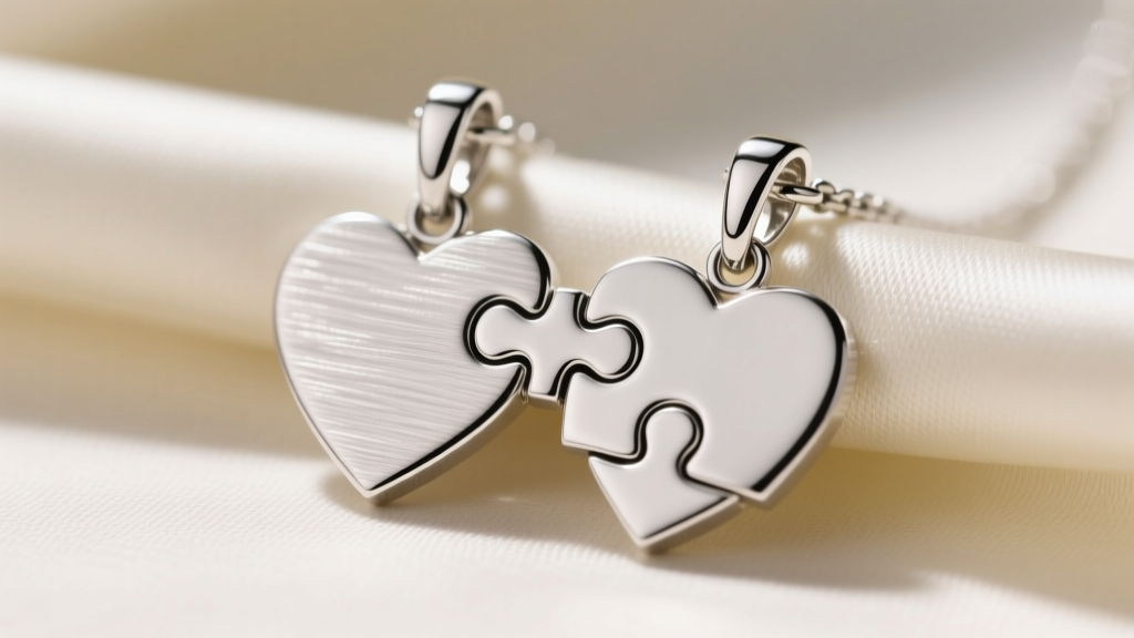 Interlocking sterling silver puzzle heart pendants on cream fabric, highlighting brushed metal textures and secure lobster clasps.