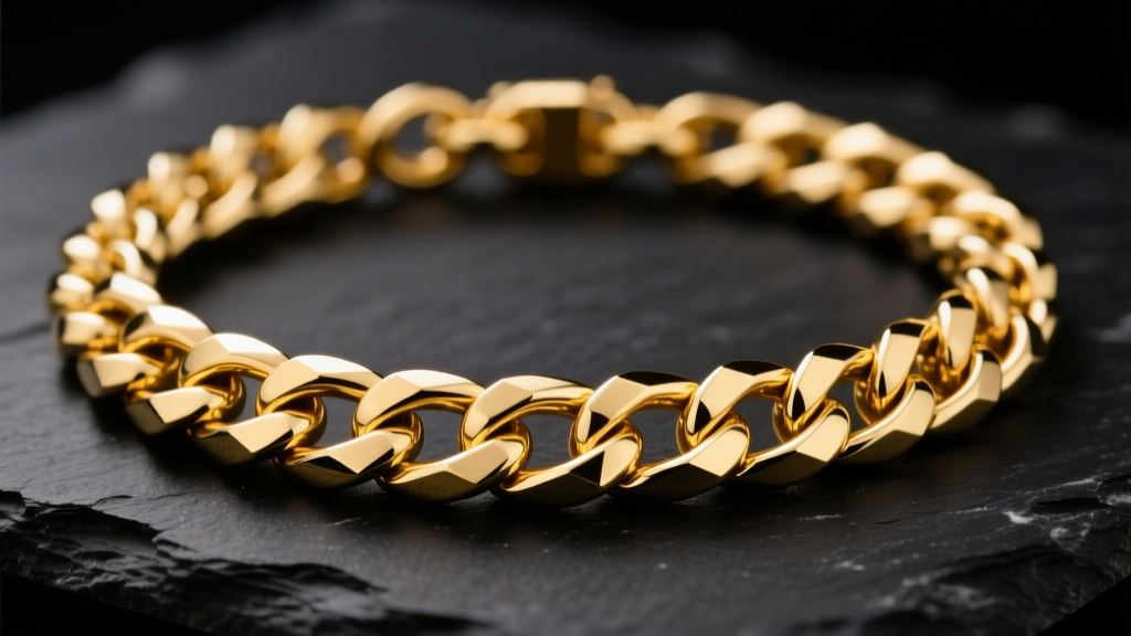 Macro shot of a solid 14k yellow gold Cuban link chunky necklace on dark slate, showing interlocking links and bevels.