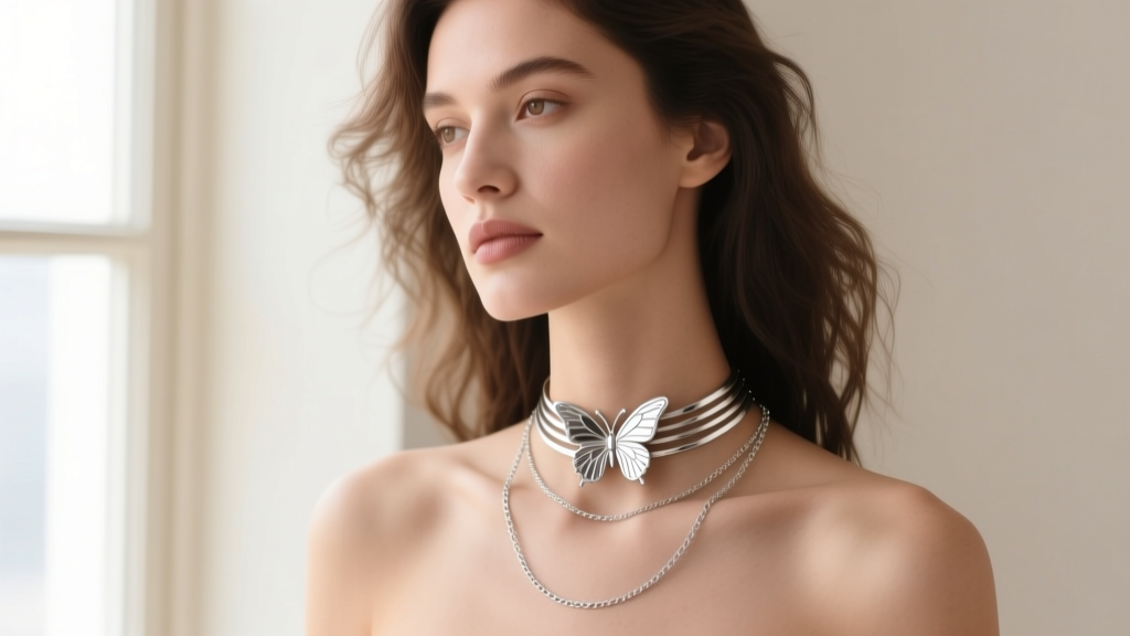 Model wearing a layered sterling silver butterfly choker and longer delicate chain, showcasing modern neckline styling techniques