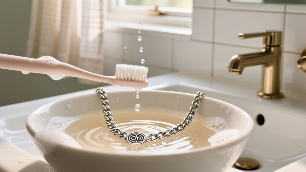 Soft-bristled toothbrush gently scrubbing a sterling silver Chai necklace in a bowl of warm soapy water, bright bathroom setting.