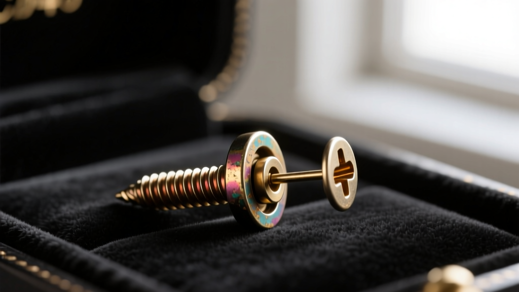 Macro photo of a 1940s vintage screw-back earring mechanism showing threaded post and tension pad on dark velvet jeweler mat.