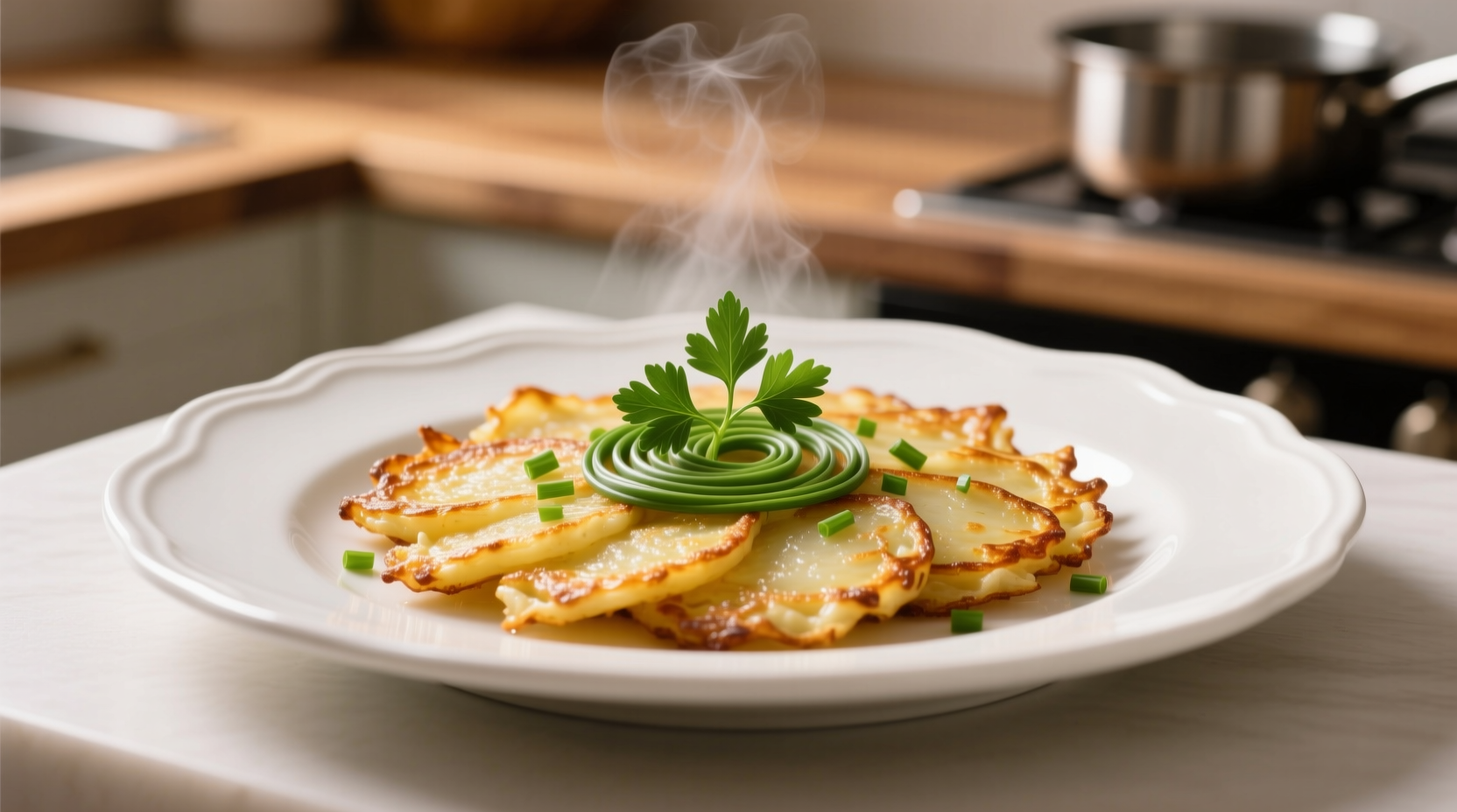 Elegant potato rosti with herb garnish on white plate