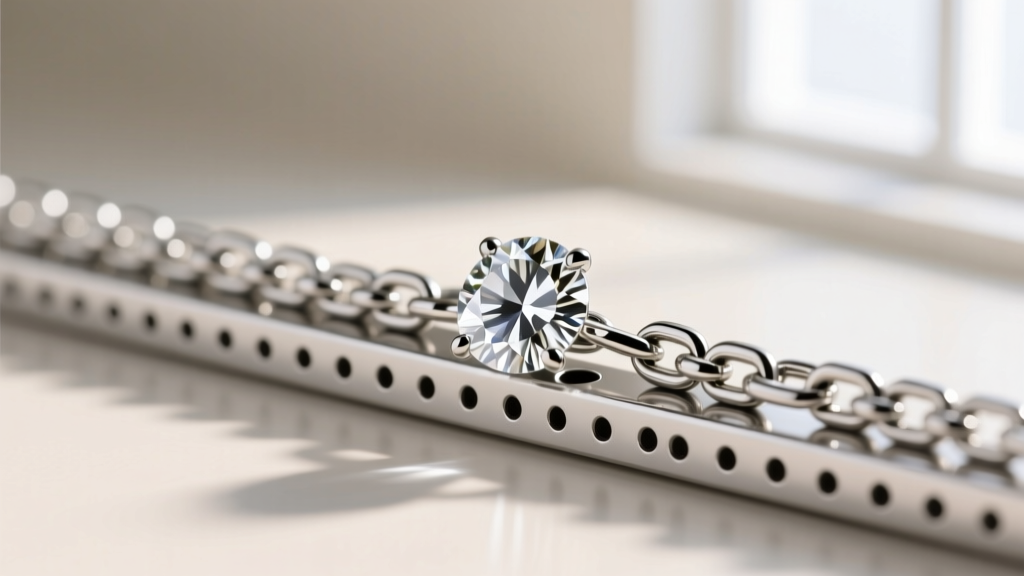 Macro photography showing a 0.5mm box chain threaded horizontally through a laser-drilled channel in the girdle of a diamond.