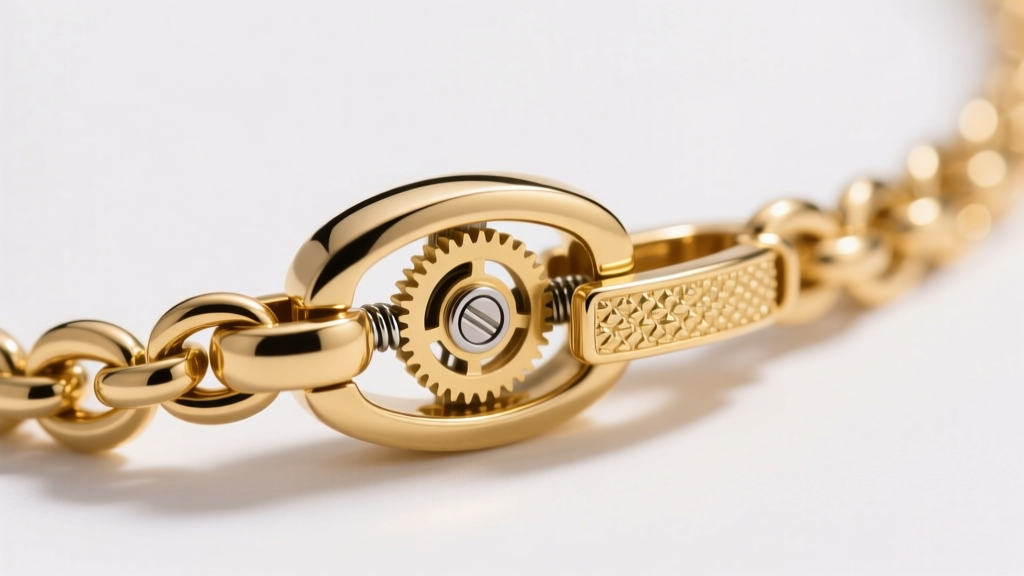 Macro shot of modular 14k gold necklace clasp clicking into a textured bail, studio lighting, sharp focus on the mechanical joint.