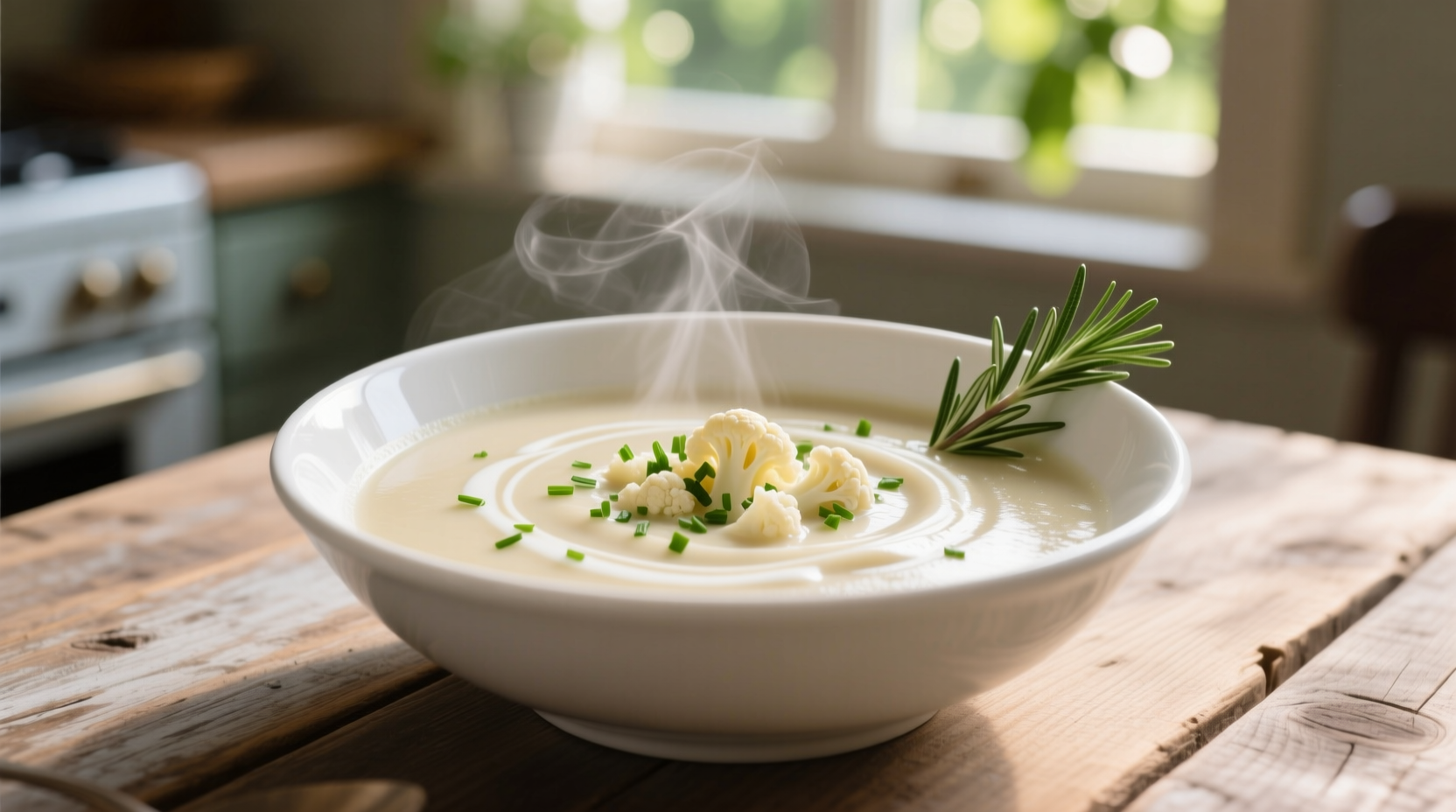 Creamy cauliflower soup in white bowl with fresh herbs