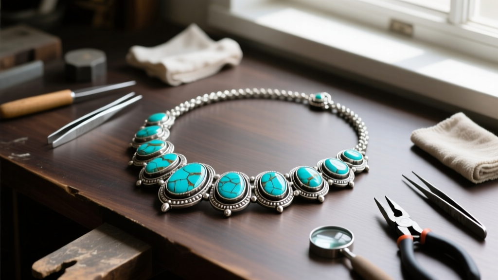 Silversmith workbench showing a heavy sterling silver necklace being set with large stabilized blackjack turquoise stones.