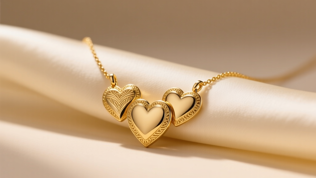 14k yellow gold necklace with three interlocking heart pendants resting on cream silk fabric under warm, soft studio lighting.