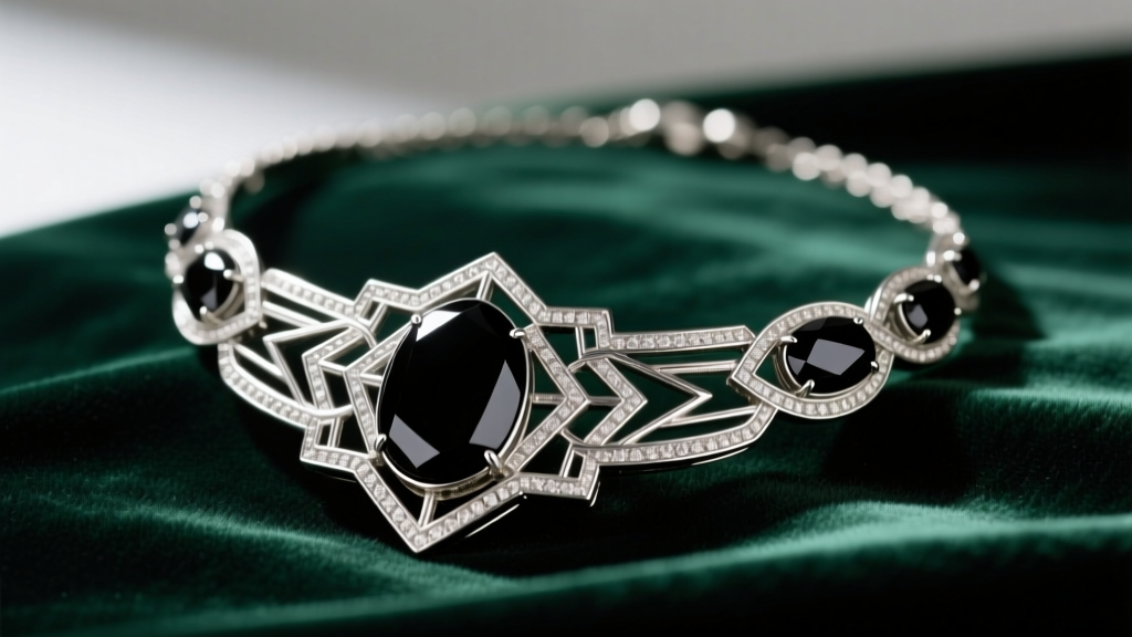 Close-up of an authentic 1920s Art Deco vintage onyx necklace with geometric silver filigree, resting on dark emerald velvet