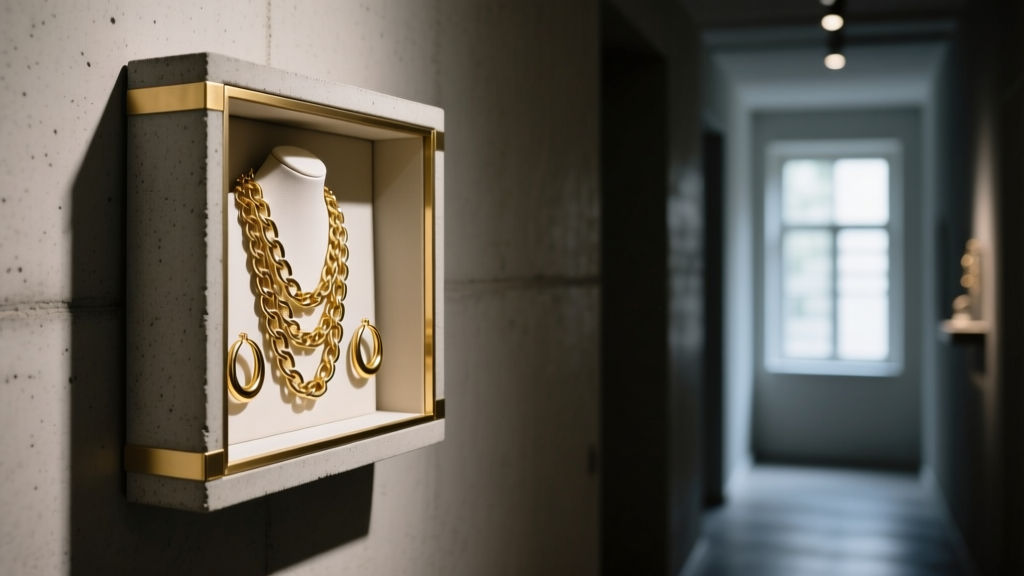 Concrete and brass wall hanging jewelry box in a dim hallway, showcasing chunky chain necklaces and thick gold hoop earrings.