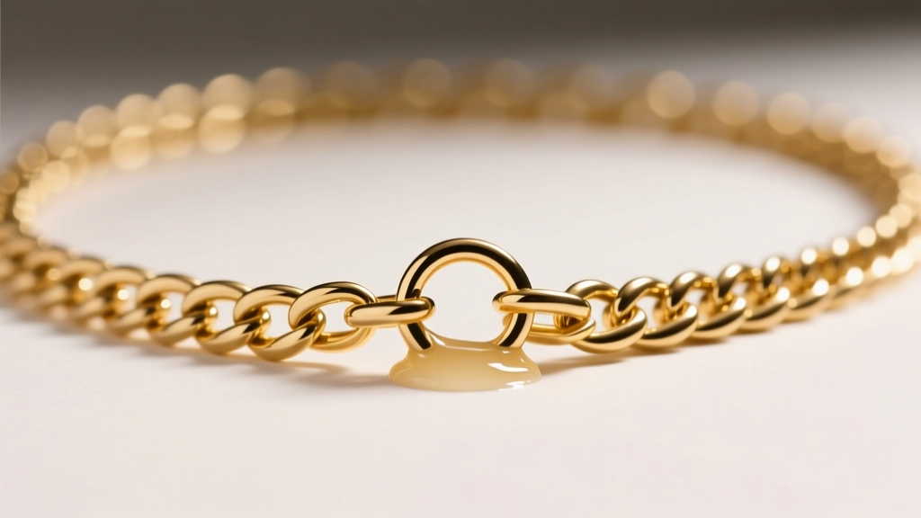 Close-up macro shot of a delicate 18-inch princess length gold chain showing slight buildup of skin oils and lotion near the spring ring clasp.