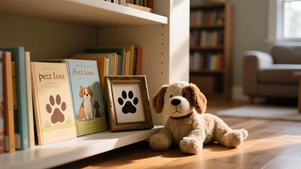 A shelf of children's books about pet loss, arranged beside a small framed paw-print keepsake and a soft stuffed dog