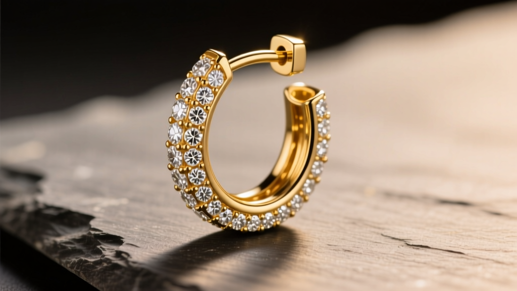 Close-up of 18k gold u hoop diamond earring on slate, showing U-wire closure and pave diamonds under warm studio lighting