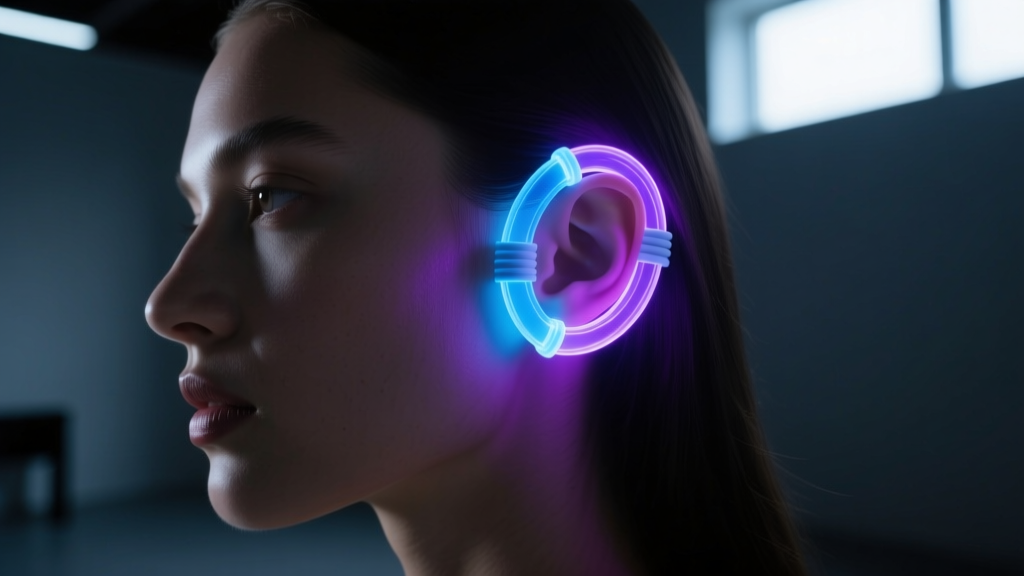 Person wearing glowing acrylic LED ear cuffs in a dark room, highlighting the silicone sealing gasket on the edge