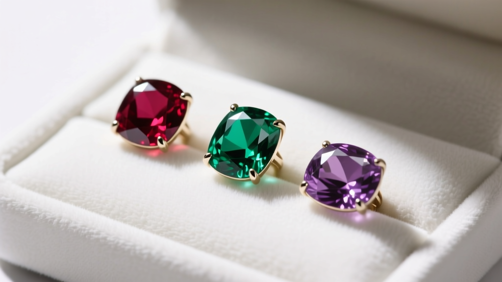 Macro shot of bezel-set ruby, emerald, and amethyst birthstones resting on white velvet jewelry display tray under bright light.