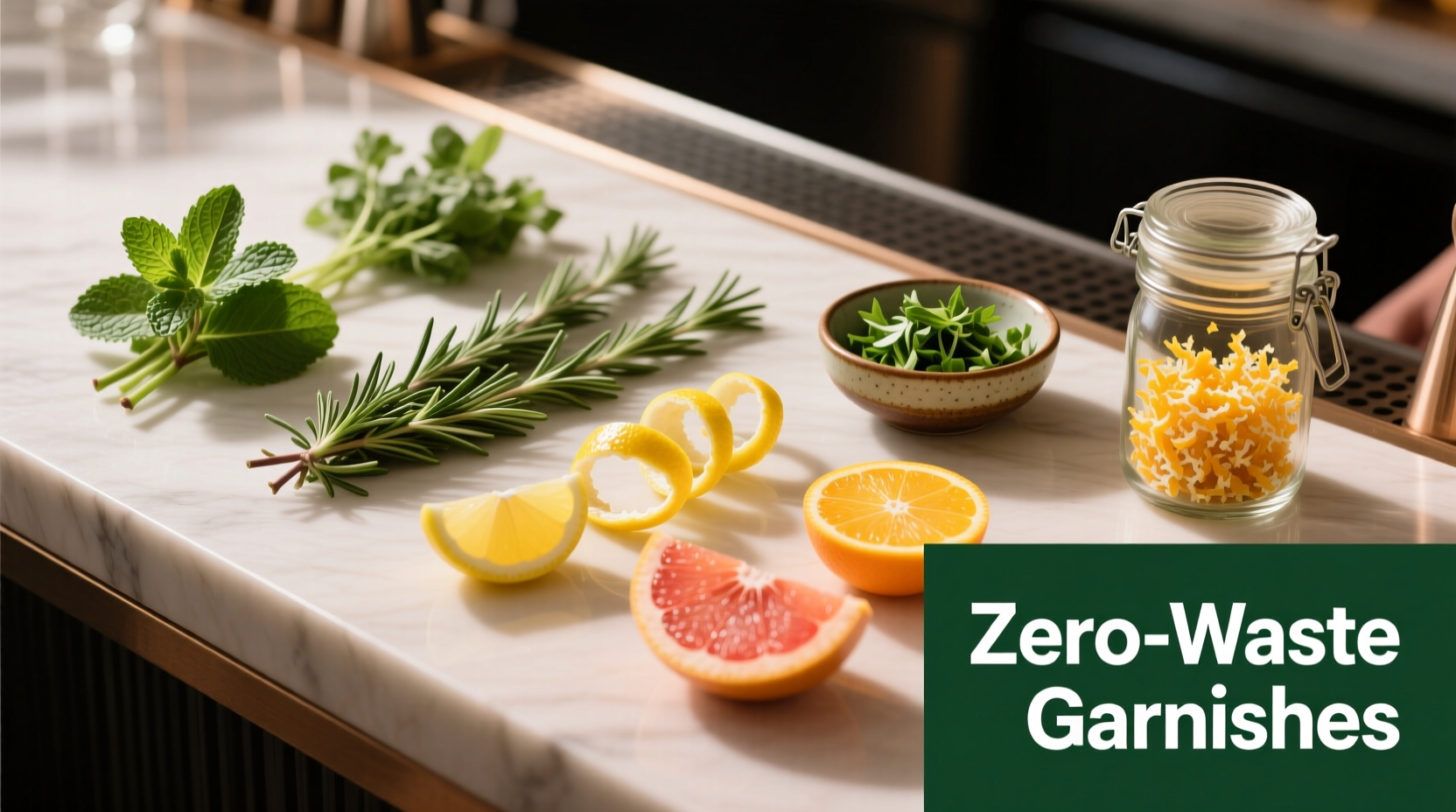 how to make zero-waste cocktail garnishes using herb stems and citrus peels from your bar prep