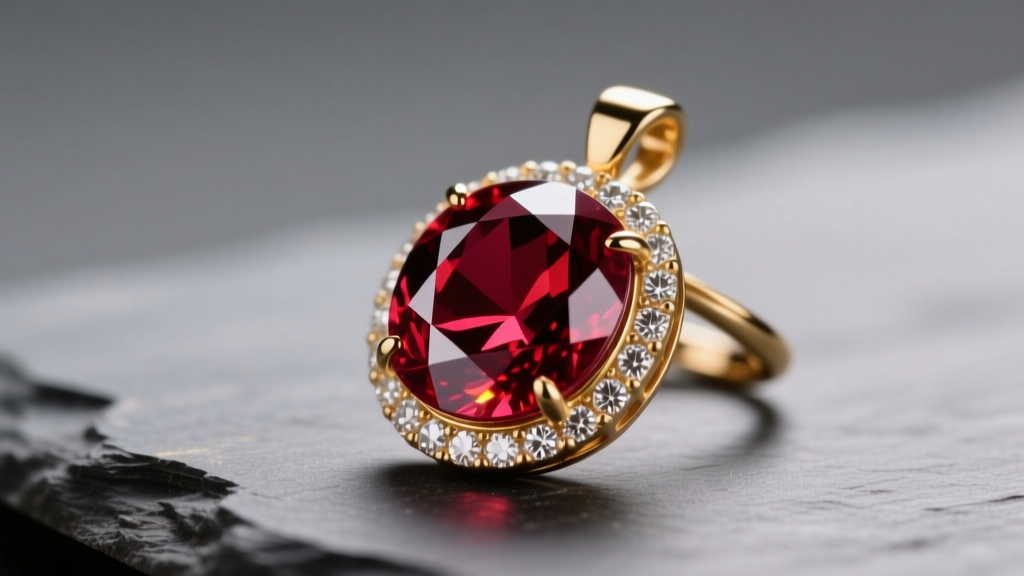 Macro shot of deep red almandine garnet pendant with diamond halo, resting on dark grey slate under warm studio lighting.