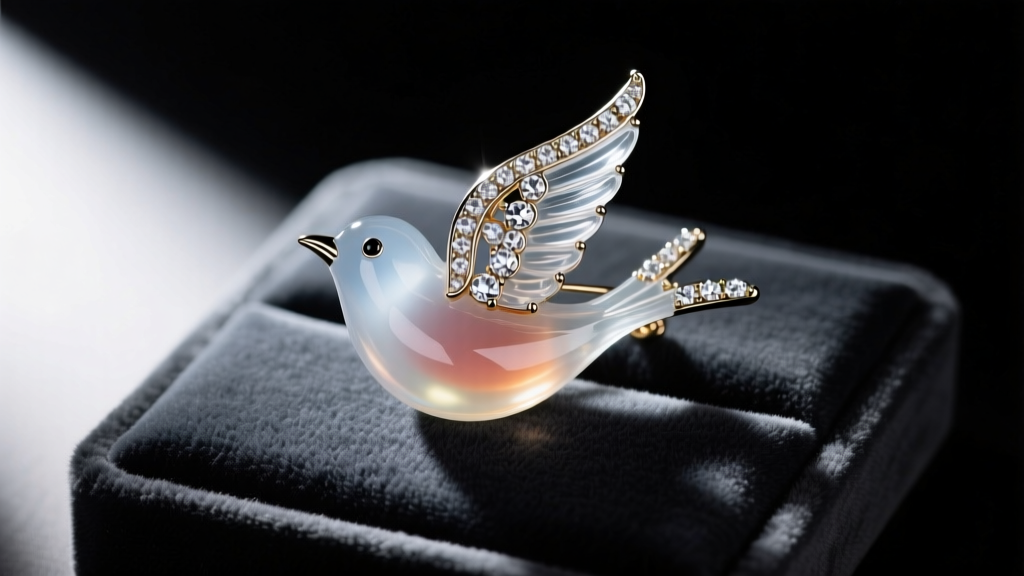 Close-up of a vintage Trifari jelly belly bird brooch with carved lucite and clear rhinestones on a dark velvet display pad.