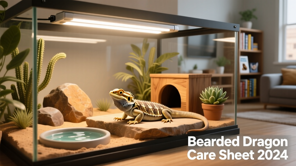 Well-organized bearded dragon terrarium with basking platform, UVB fixture, hide box, and shallow water dish